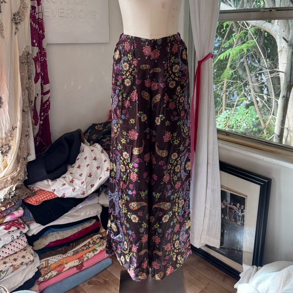 Free People Olive Floral Print Satin High Waist Wide Leg Trousers